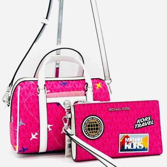 Michael Kors Small Travel Duffle Xbody Bag & Double Zip Wallet Matching Set - Picture 1 of 9